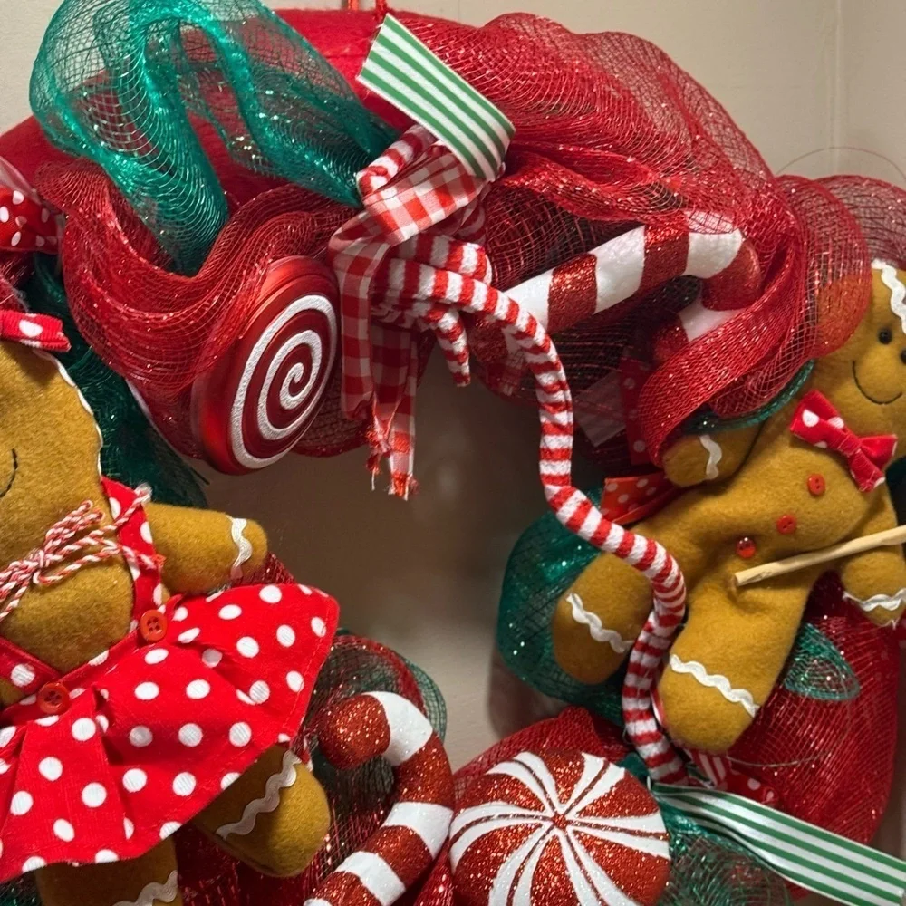 23” Festive Gingerbread Holiday Wreath - Candy Canes Red and Green Handmade